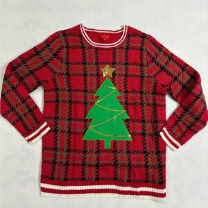 🏆Joyland Ugly Christmas Sweater Womens L Red Plaid Tree Cozy Holiday Pullover